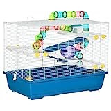 PawHut Jaula para Hámster Grande 79x46x60 cm Casa para Hámster con 3 Plataformas Tubos Comedero Bebedero 3 Rampas Rueda de Ejercicio y 2 Asas Portátiles Azul y Blanco