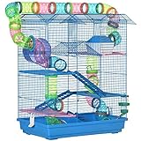 PawHut Jaula para Hámster Hábitat para Animales Pequeños de Múltiples Niveles con 4 Plataformas Bebedero Rueda de Ejercicio Escaleras Sistema de Tubos 47x30x59 cm Azul